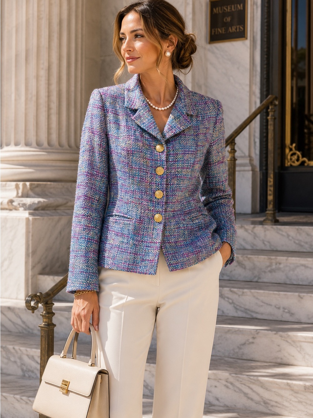 100% Silk Tweed Blazer Jacket Gold Buttons Size 14 Lexia by Loryn Hunter USA